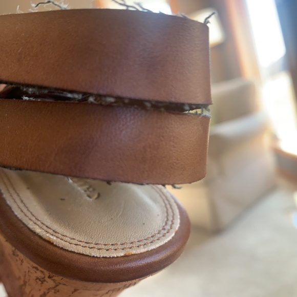 Strappy Leather Sandals with Wedge Cork Heel Brown Size 8 - Picture 5 of 5